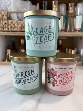 Sage Leaf, Fresh Eucalyptus & Coconut Blossom Scented Soy Candles - Set of 3